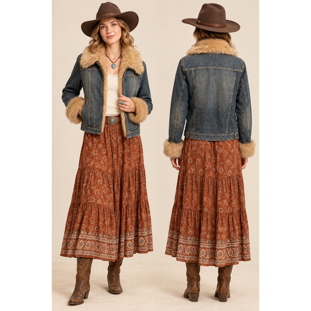 Boho Cowgirl Trucker Western Y2K Penny Lane Denim Faux Fur Lined Zip M Jacket